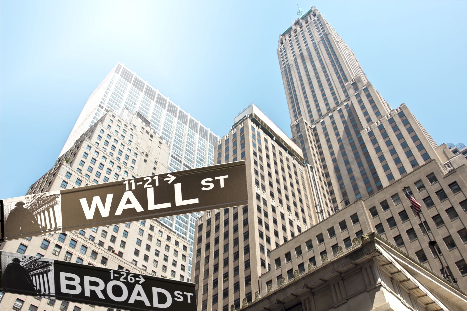 Wall Street - Road sign of New York Wall street corner Broad street by Mezzotint via Shutterstock