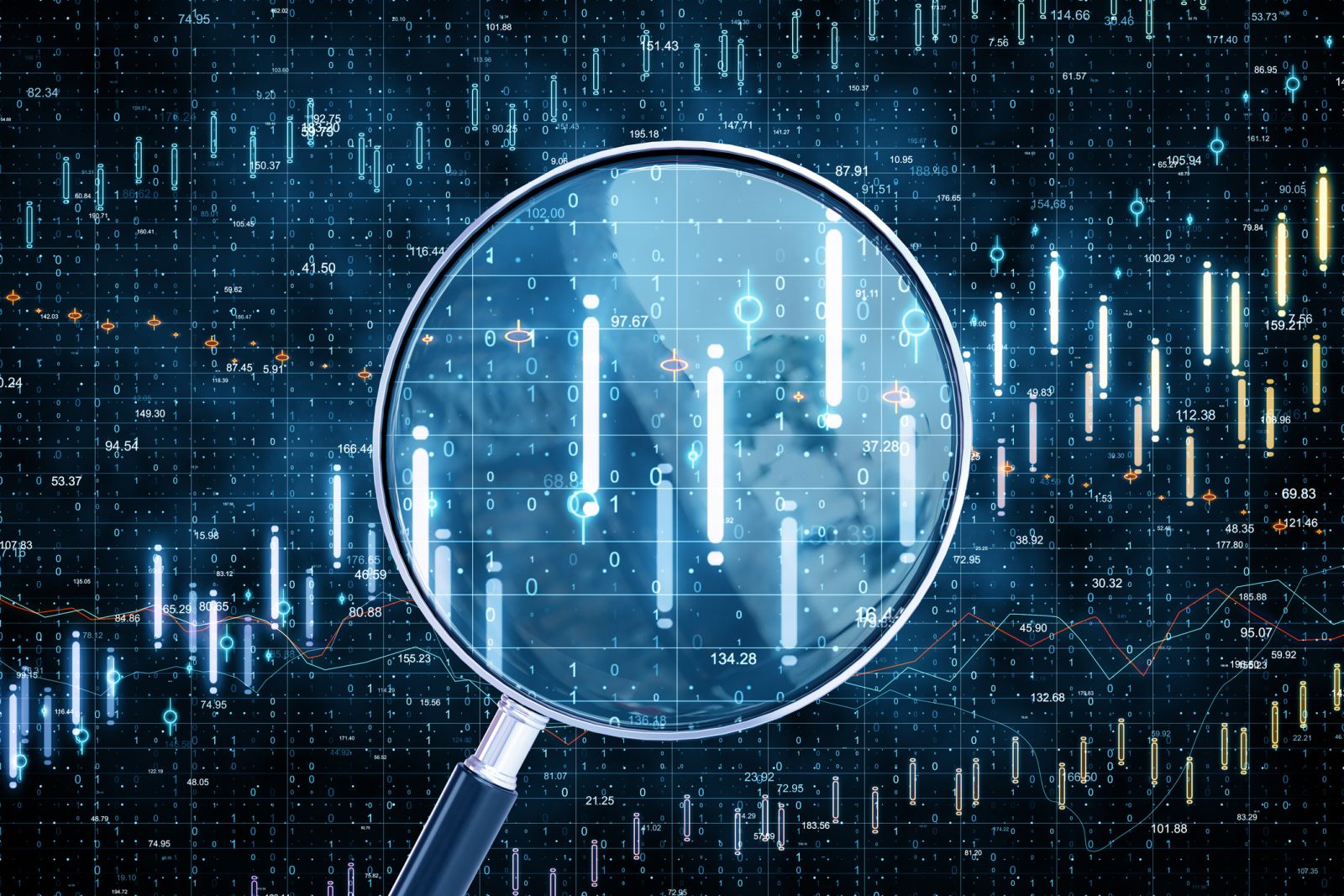 Charts, tickers, traders - Technical analysis with magnifying glass by Peshkov via iStock